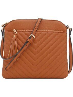 Women's Dark Tan Chevron Quilted Medium Tassel Accent Shoulder Crossbody Bag